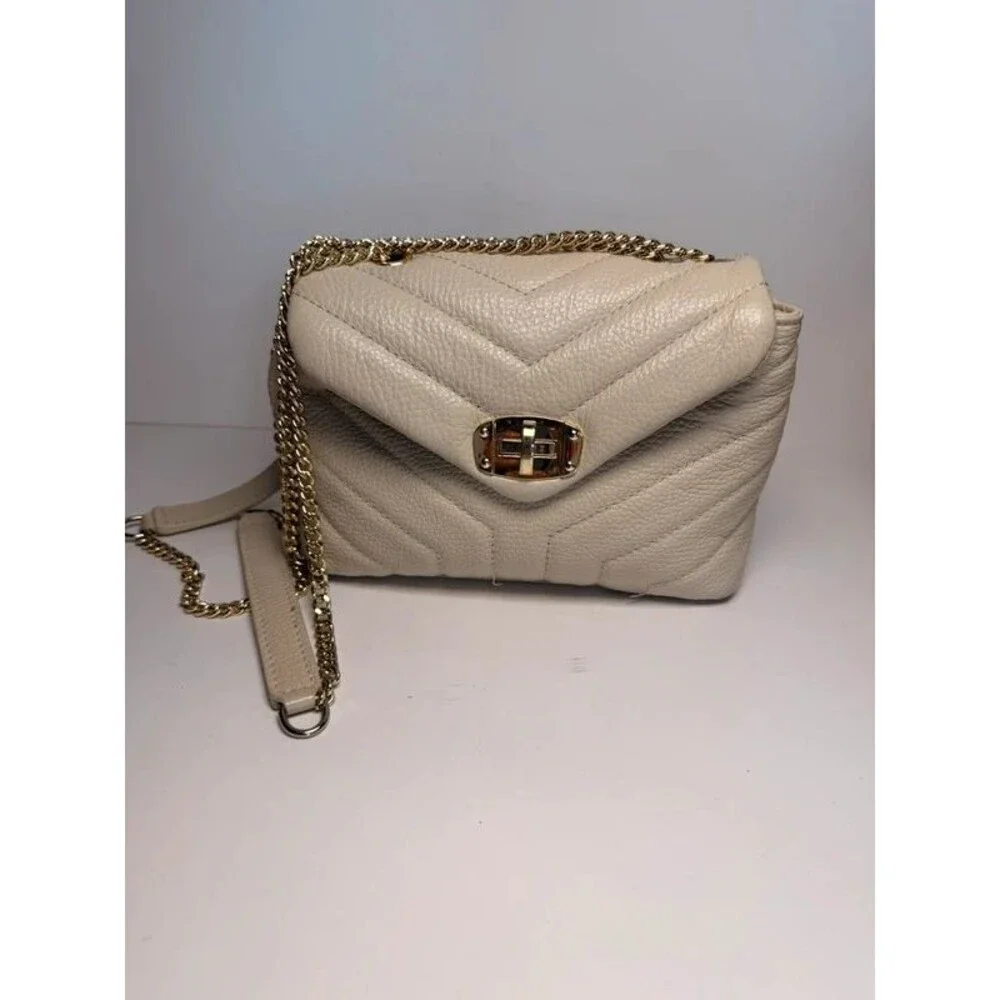 Divina Firenze Italian Genuine Leather Chevron Quilted Crossbody Bag - Beige